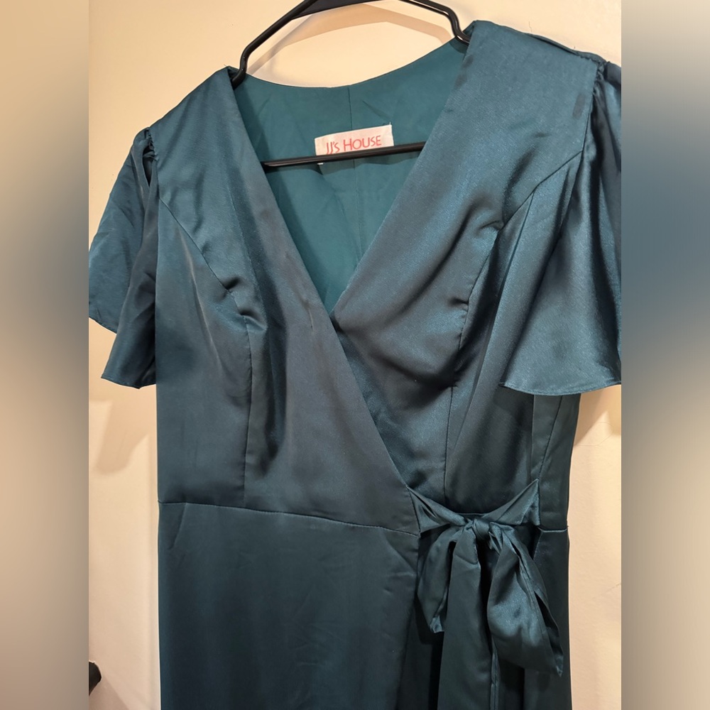 JJ House peacock wrap bridesmaid dress